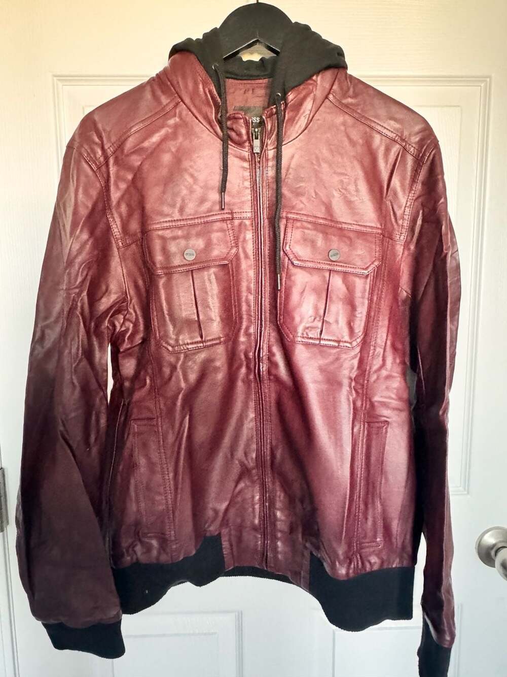 GUESS Jacket Size L Maroon Faux Leather Hooded Bomber